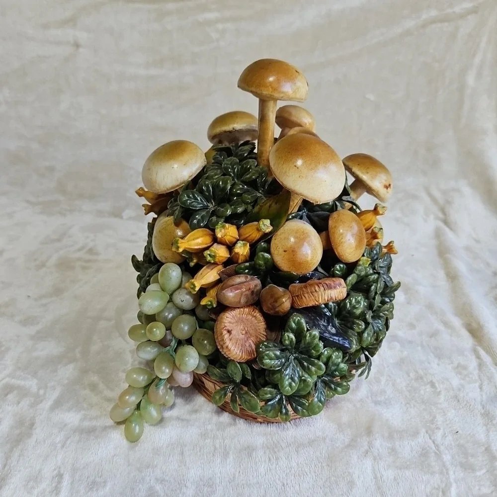 MUSHROOMS GRAPES Vintage Wicker Basket Retro MCM Centerpiece Kitchy Decor